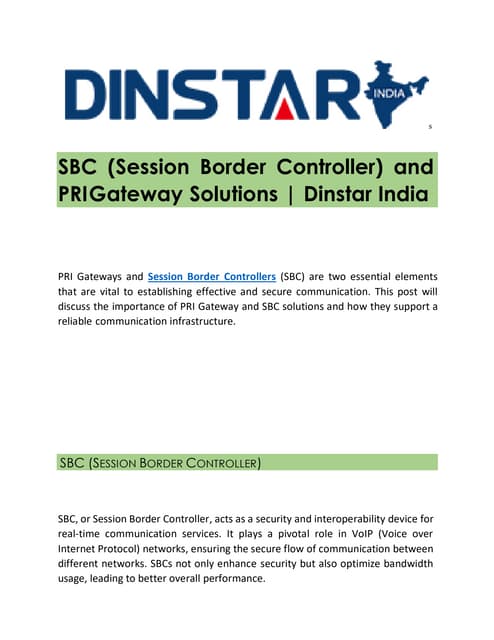 PRI Gateway Solutions | Session Border Controller | Dinstar India | PDF